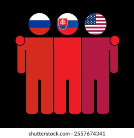 Flat illustration of three human figures with Russia, Slovakia, and USA flags as heads. Minimalistic design, isolated background.