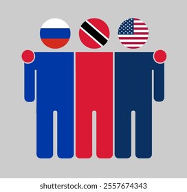 Flat illustration of three human figures with Russia, Trinidad and Tobago, and USA flags as heads. Minimalistic design, isolated background.