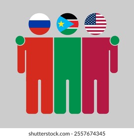 Flat illustration of three human figures with Russia, South Sudan, and USA flags as heads. Minimalistic design, isolated background.