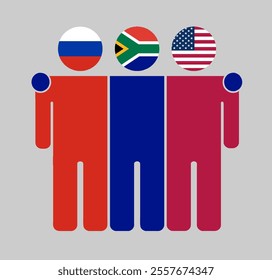 Flat illustration of three human figures with Russia, South Africa, and USA flags as heads. Minimalistic design, isolated background.