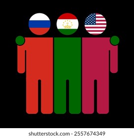 Flat illustration of three human figures with Russia, Tajikistan, and USA flags as heads. Minimalistic design, isolated background.