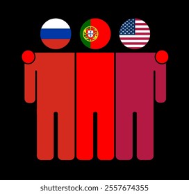 Flat illustration of three human figures with Russia, Portugal, and USA flags as heads. Minimalistic design, isolated background.