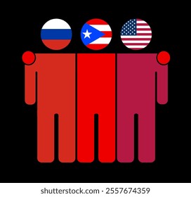 Flat illustration of three human figures with Russia, Puerto Rico, and USA flags as heads. Minimalistic design, isolated background.