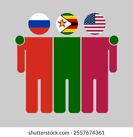 Flat illustration of three human figures with Russia, Zimbabwe, and USA flags as heads. Minimalistic design, isolated background.