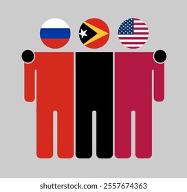 Flat illustration of three human figures with Russia, Timor Leste, and USA flags as heads. Minimalistic design, isolated background.