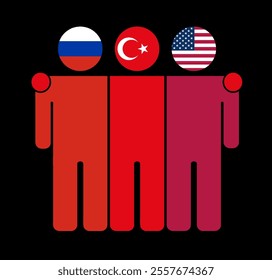 Flat illustration of three human figures with Russia, Turkey, and USA flags as heads. Minimalistic design, isolated background.