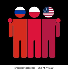 Flat illustration of three human figures with Russia, Poland, and USA flags as heads. Minimalistic design, isolated background.