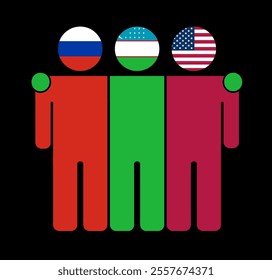 Flat illustration of three human figures with Russia, Uzbekistan, and USA flags as heads. Minimalistic design, isolated background.