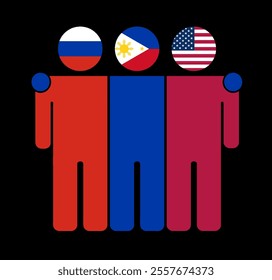 Flat illustration of three human figures with Russia, Philippines, and USA flags as heads. Minimalistic design, isolated background.