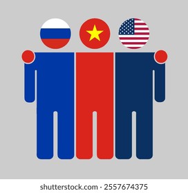 Flat illustration of three human figures with Russia, Vietnam, and USA flags as heads. Minimalistic design, isolated background.