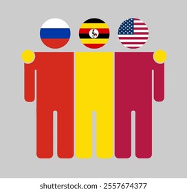 Flat illustration of three human figures with Russia, Uganda, and USA flags as heads. Minimalistic design, isolated background.