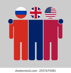 Flat illustration of three human figures with Russia, UK, and USA flags as heads. Minimalistic design, isolated background.