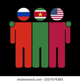 Flat illustration of three human figures with Russia, Suriname, and USA flags as heads. Minimalistic design, isolated background.