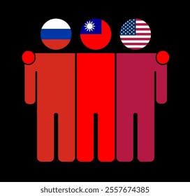 Flat illustration of three human figures with Russia, Taiwan, and USA flags as heads. Minimalistic design, isolated background.