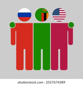 Flat illustration of three human figures with Russia, Zambia, and USA flags as heads. Minimalistic design, isolated background.