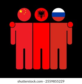 Flat illustration of three human figures with China, Albania, and Russia flags as heads. Minimalistic design, isolated background.