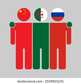 Flat illustration of three human figures with China, Algeria, and Russia flags as heads. Minimalistic design, isolated background.