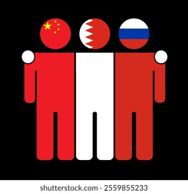 Flat illustration of three human figures with China, Bahrain, and Russia flags as heads. Minimalistic design, isolated background.