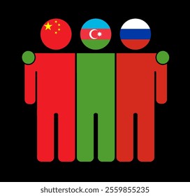 Flat illustration of three human figures with China, Azerbaijan, and Russia flags as heads. Minimalistic design, isolated background.