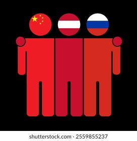 Flat illustration of three human figures with China, Austria, and Russia flags as heads. Minimalistic design, isolated background.