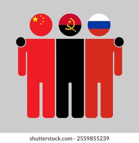 Flat illustration of three human figures with China, Angola, and Russia flags as heads. Minimalistic design, isolated background.