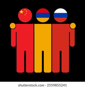 Flat illustration of three human figures with China, Armenia, and Russia flags as heads. Minimalistic design, isolated background.