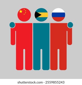 Flat illustration of three human figures with China, Bahamas, and Russia flags as heads. Minimalistic design, isolated background.