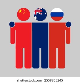 Flat illustration of three human figures with China, Australia, and Russia flags as heads. Minimalistic design, isolated background.