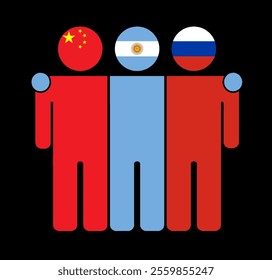 Flat illustration of three human figures with China, Argentina, and Russia flags as heads. Minimalistic design, isolated background.