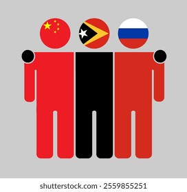 Flat illustration of three human figures with China, East Timor, and Russia flags as heads. Minimalistic design, isolated background.