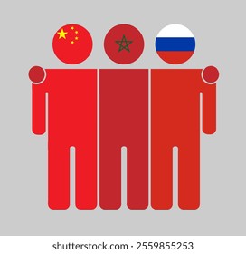 Flat illustration of three human figures with China, Morocco, and Russia flags as heads. Minimalistic design, isolated background.