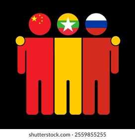 Flat illustration of three human figures with China, Myanmar, and Russia flags as heads. Minimalistic design, isolated background.