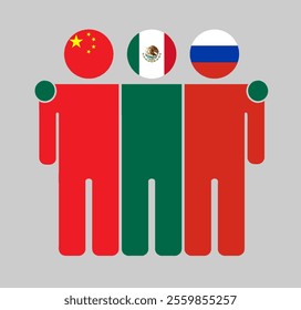 Flat illustration of three human figures with China, Mexico, and Russia flags as heads. Minimalistic design, isolated background.