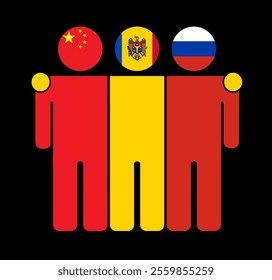 Flat illustration of three human figures with China, Moldova, and Russia flags as heads. Minimalistic design, isolated background.