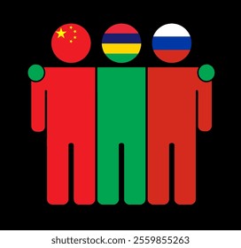 Flat illustration of three human figures with China, Mauritius, and Russia flags as heads. Minimalistic design, isolated background.