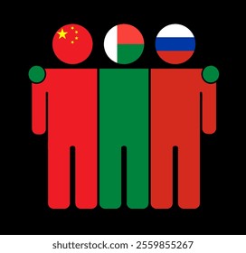 Flat illustration of three human figures with China, Madagascar, and Russia flags as heads. Minimalistic design, isolated background.