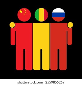 Flat illustration of three human figures with China, Mali, and Russia flags as heads. Minimalistic design, isolated background.