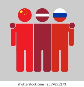 Flat illustration of three human figures with China, Latvia, and Russia flags as heads. Minimalistic design, isolated background.