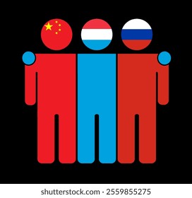 Flat illustration of three human figures with China, Luxembourg, and Russia flags as heads. Minimalistic design, isolated background.