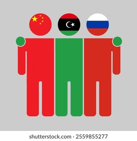 Flat illustration of three human figures with China, Liberia, and Russia flags as heads. Minimalistic design, isolated background.