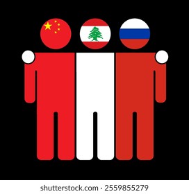 Flat illustration of three human figures with China, Lebanon, and Russia flags as heads. Minimalistic design, isolated background.