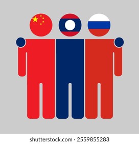 Flat illustration of three human figures with China, Laos, and Russia flags as heads. Minimalistic design, isolated background.