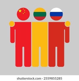 Flat illustration of three human figures with China, Lithuania, and Russia flags as heads. Minimalistic design, isolated background.