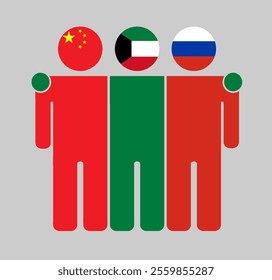 Flat illustration of three human figures with China, Kuwait, and Russia flags as heads. Minimalistic design, isolated background.