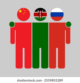 Flat illustration of three human figures with China, Kenya, and Russia flags as heads. Minimalistic design, isolated background.