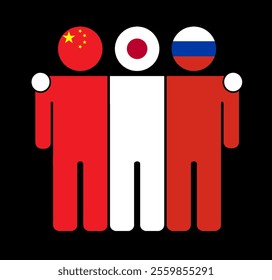 Flat illustration of three human figures with China, Japan, and Russia flags as heads. Minimalistic design, isolated background.