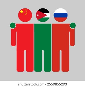 Flat illustration of three human figures with China, Jordan, and Russia flags as heads. Minimalistic design, isolated background.