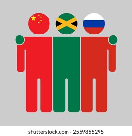 Flat illustration of three human figures with China, Jamaica, and Russia flags as heads. Minimalistic design, isolated background.