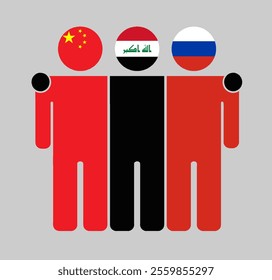 Flat illustration of three human figures with China, Iraq, and Russia flags as heads. Minimalistic design, isolated background.