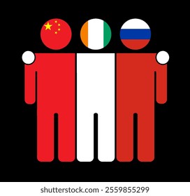 Flat illustration of three human figures with China, Ivory Coast, and Russia flags as heads. Minimalistic design, isolated background.